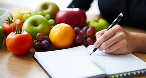 a person writing in a planner with numerous different fruits on the desk next to them