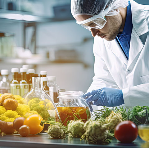 a scientist analysing the chemicals and nutritional properties for different fruits and vegetables 